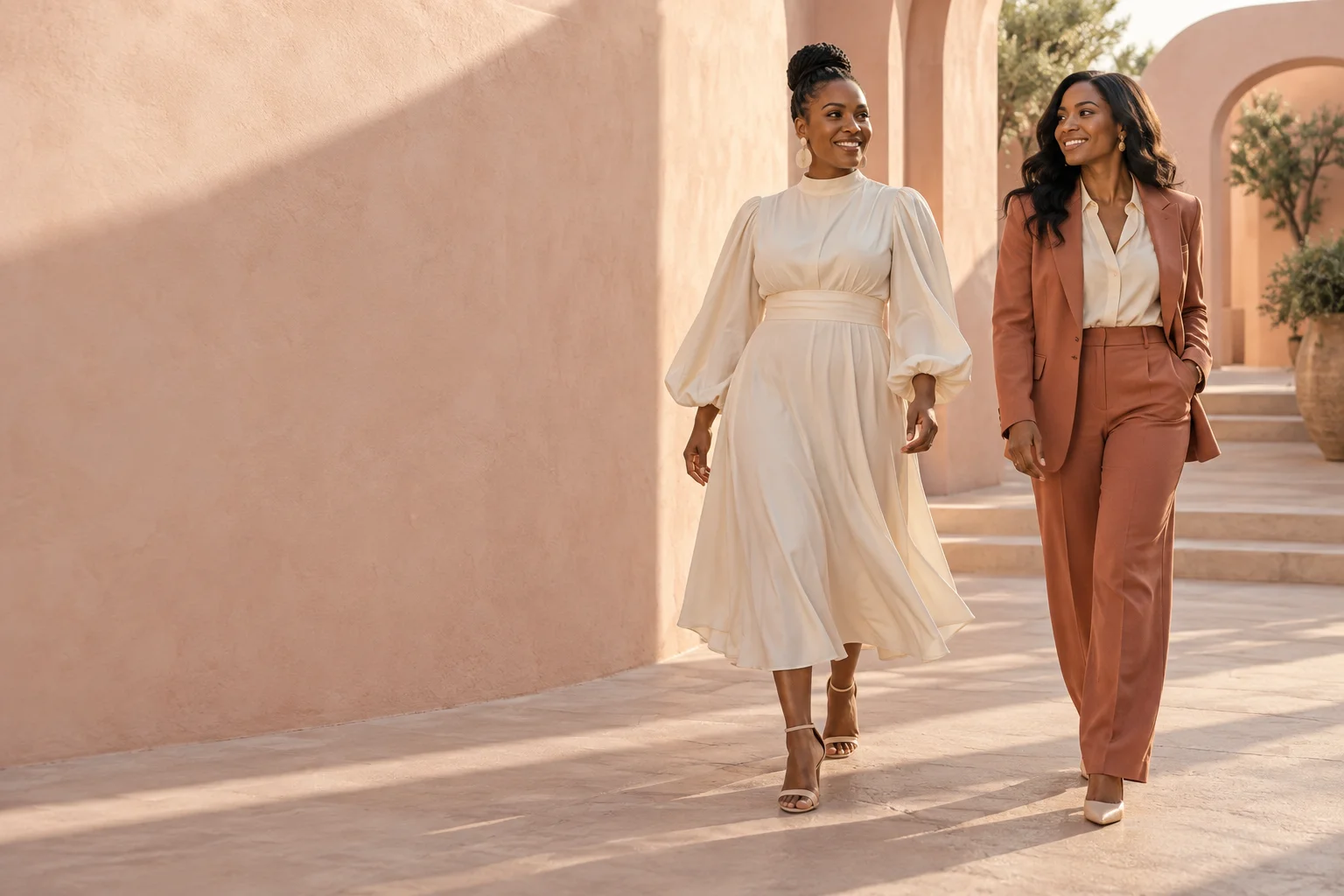 Concept editorial: two women wearing an ivory dress and a terracotta suit in a peach courtyard